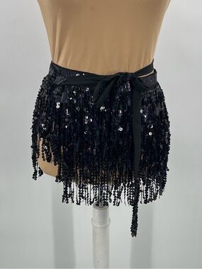 Black Sequin Fringe Wrap Skirt Festival Rave Coachella Belly Dance concert O/S